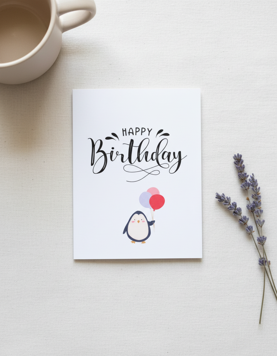 Lavender Penguin Birthday Card
